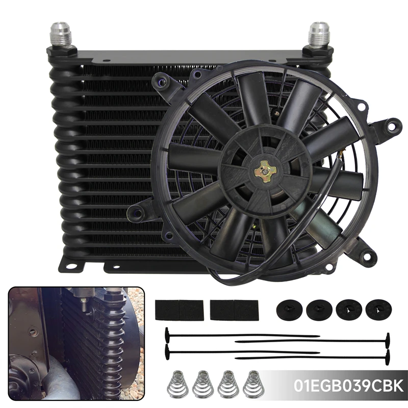 

Universal 32mm 15 Row AN8 3/4"-16 UNF Aluminum Engine Transmission 226MM Oil Cooler Black + 7" Electric Fan For gt86