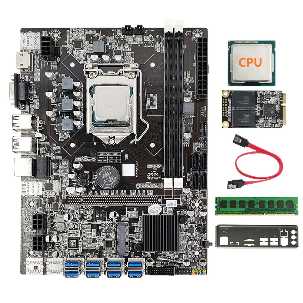 

B75 8 Card BTC Mining Motherboard+G530/G1630 CPU+8G DDR3 RAM+128G SSD+SATA Cable+Bezel 8XUSB3.0 GPU LGA1155 DDR3 MSATA
