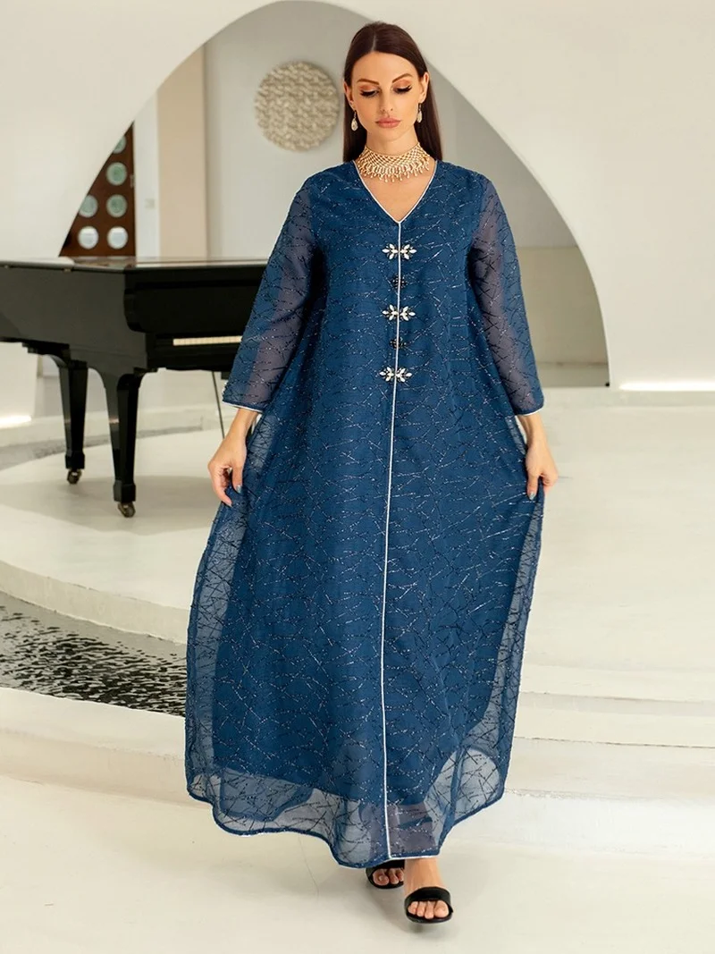 Dresses For Women 2022 V-Neck Long Sleeve Mesh Rhinestone Beaded Belted Morrocan Kaftan Dress Muslim Clothing For All Season