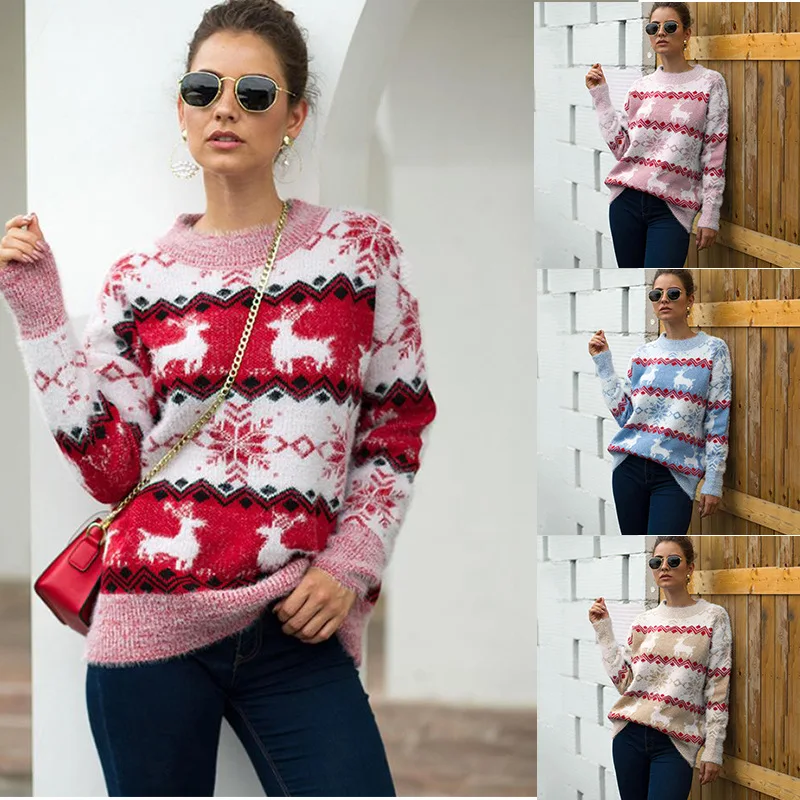New Christmas Sweater Women Autumn Winter Snow Deer Pullover Knitted Top