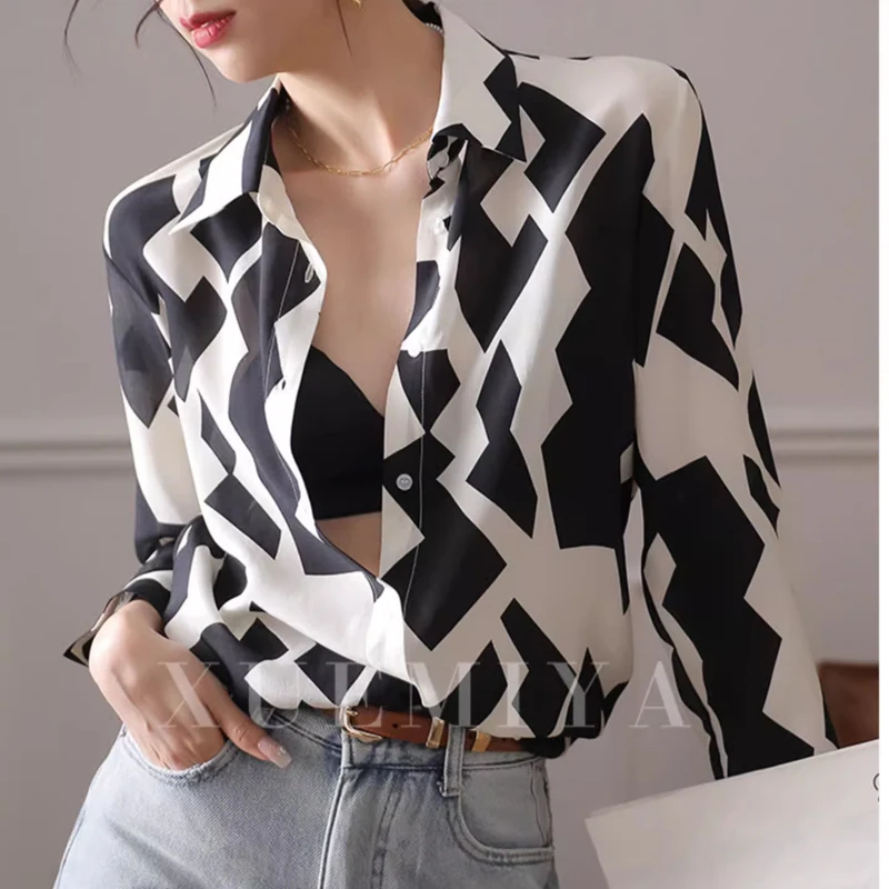 

Office Lady Long Sleeve Blouse Mulberry Silk Shirts Turn Down Collar Loose Fashion Clothes Contrast Plaid Shirt Women Tops 29398