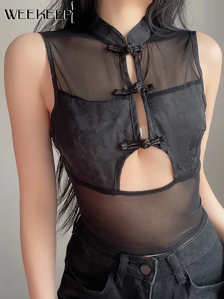 

Weekeep Sexy Hollow Out Crop Top Mesh Patchwork Chinese Retro Style Button-Up T-Shirts Women Sleeveless Black Summer Sexy Shirts