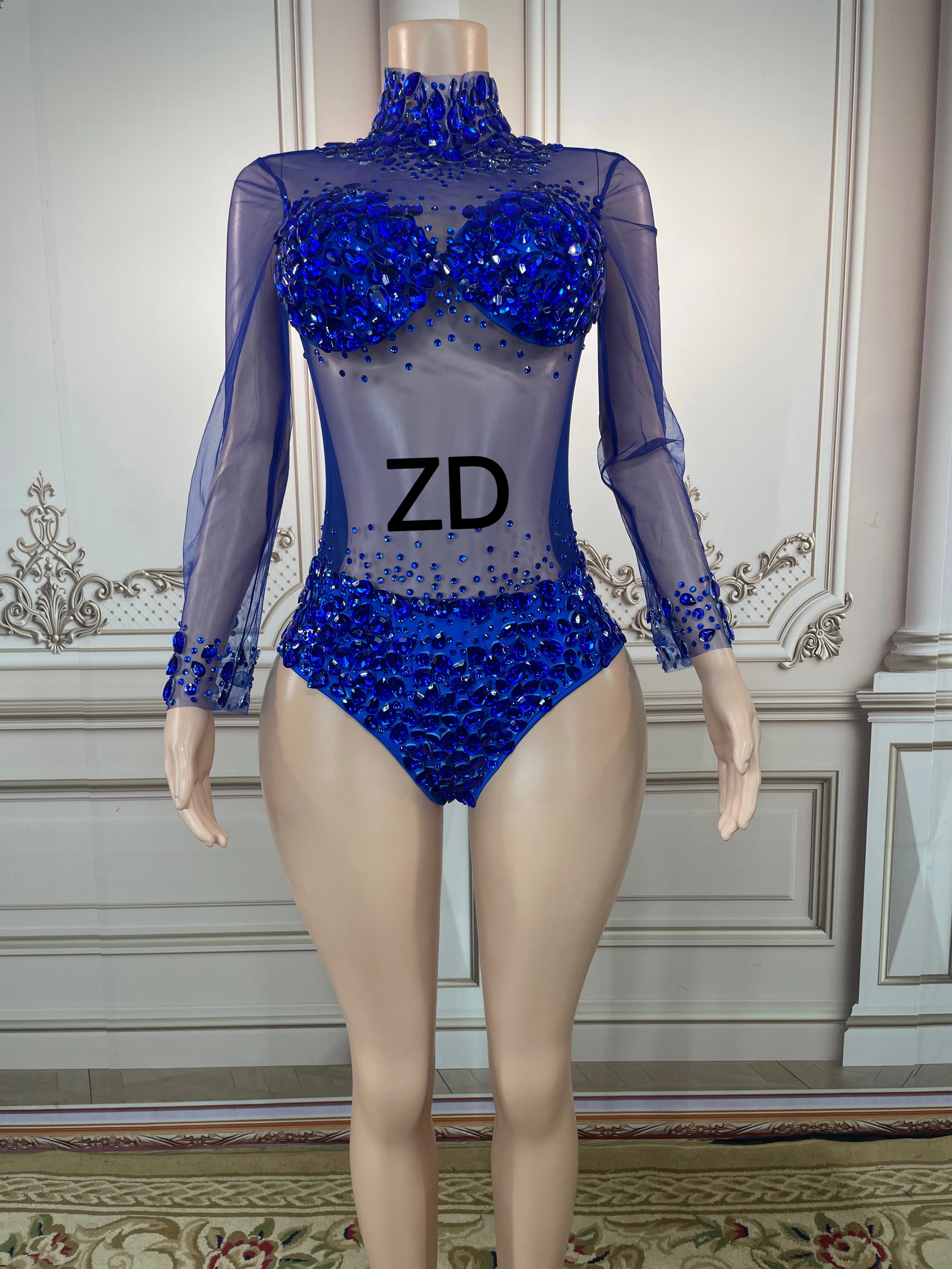 Sexy Mesh Transparent Stones Bodysuit Birthday Party Outfit Rhinestones Rompers Women Singer Team Dance  Blue plus size