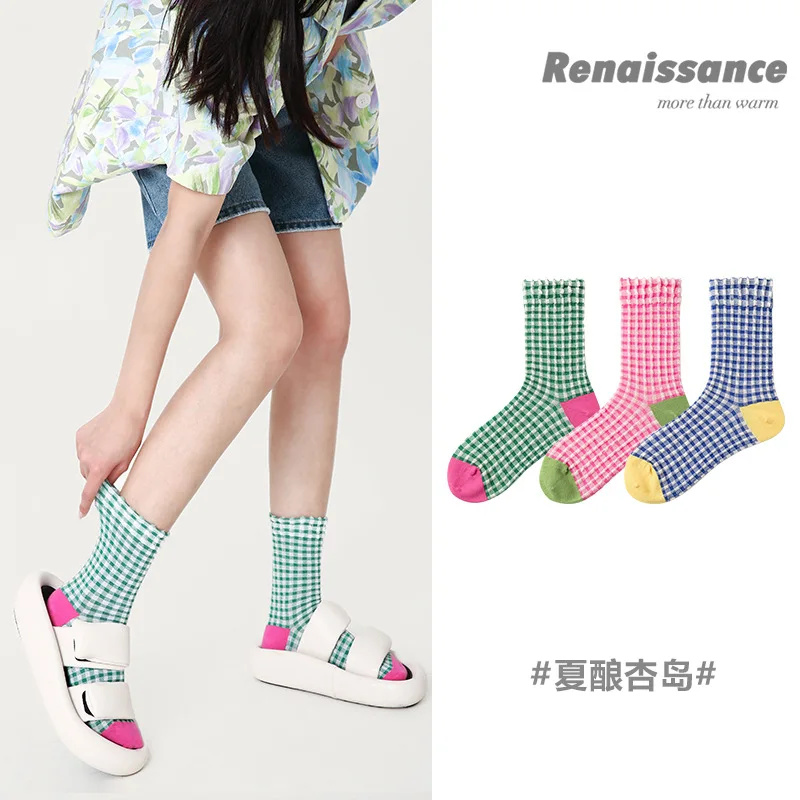 Renaissance Original Woman Lady Girls Spring Summer Autumn Winter Mid Tude Plaid Checkered Ins Fashion Candy Color Cotton Socks