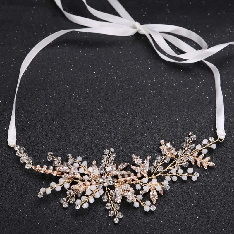 

Rhinestone Crystal Wedding Bridal Floral Leave Headband Hair Vine Tiara with Ribbon Belt TEN