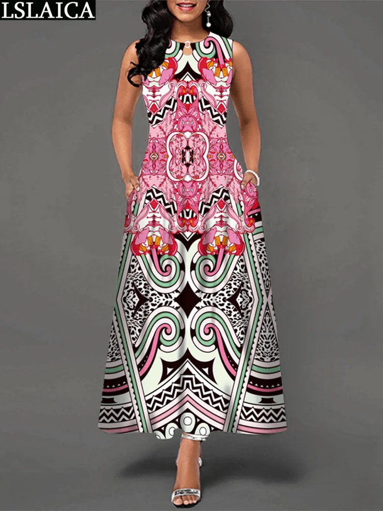 

Dresses for Women 2023 Big Size Summer Casual Sleeveless O Neck Print with Pockets Long Dress New Arrival Big Swing Boho Vestido
