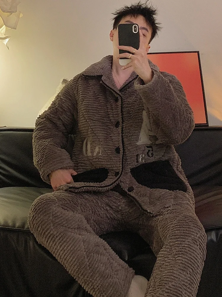 Мужские пижамы из кораллового флиса осенне-зимние утолщенные трехслойные