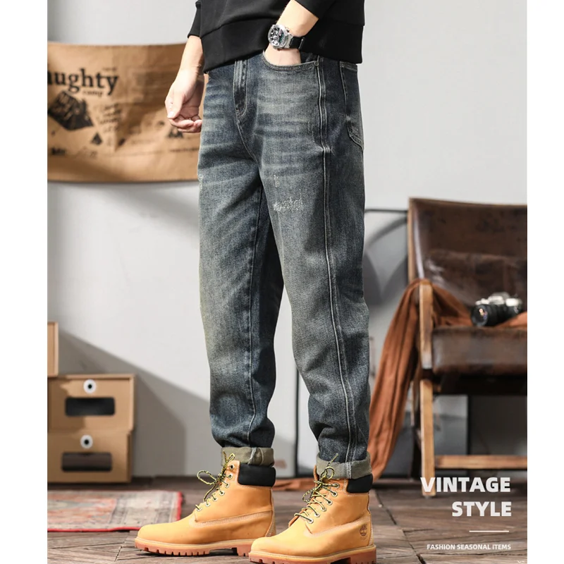 Men's Wear Vintage Loose Blue Large Jeans 2022 Autumn and Winter New Pattern Fashion Versatile Straight Cylinder Trousers Female