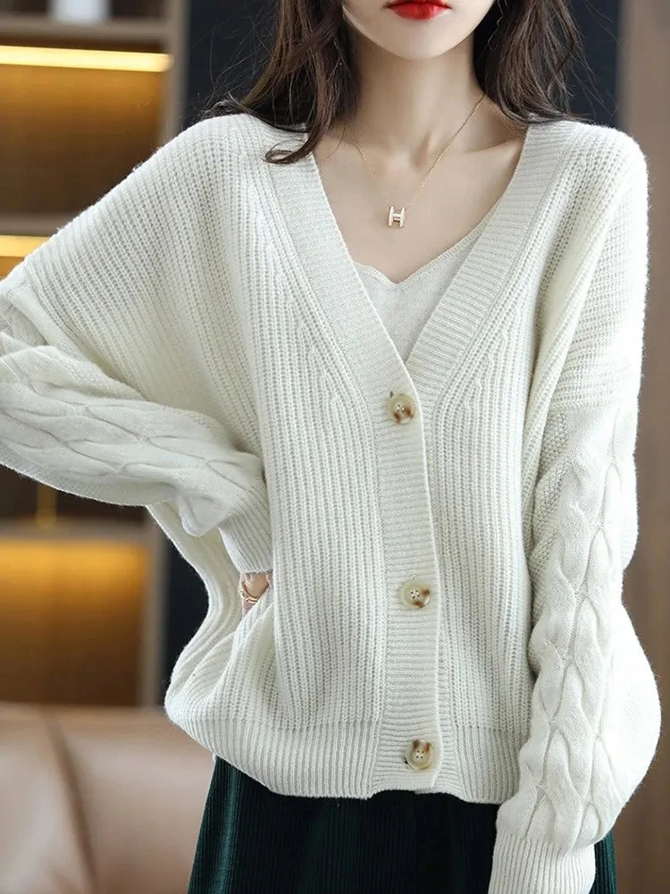 

Single Breasted Cardigan Sweaters Korean Fashion Long Sleeve Knitted Tops Elegant Loose V Neck Solid Color Pink Cardiagn Outwear