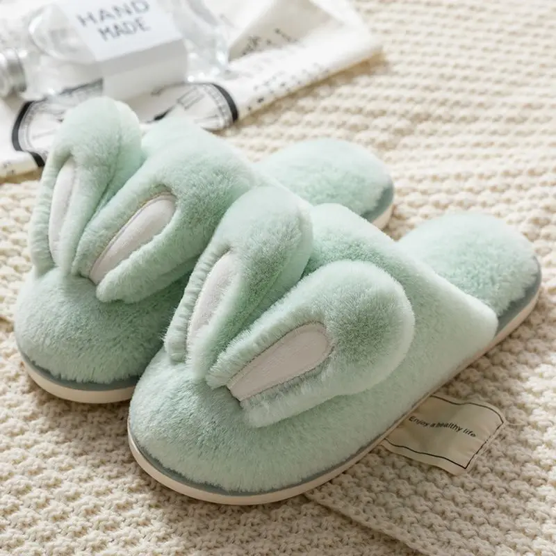 

Fashion Women Slippers Home Indoor Bedroom Winter Warm Fur Shoes Men Couples Cute Rabbit Ears Soft Sole Flat Ladies Plush Slides