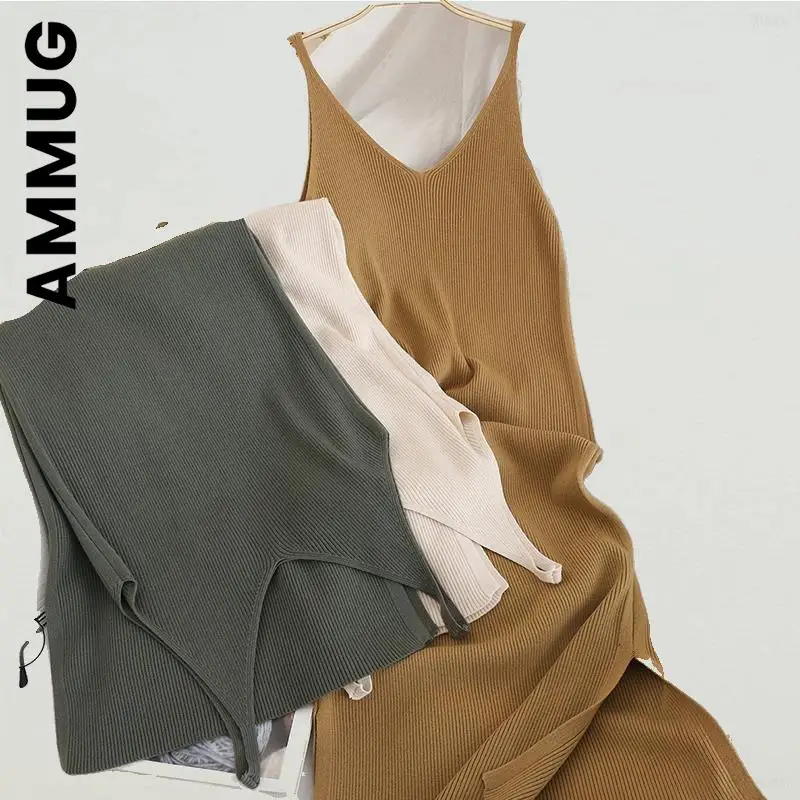 

Ammug Women New Dress Elegant V Neck Solid Knitted Dresses Soft Vocation Style Dresses Girl Elastic Vestidos Dress Woman Female