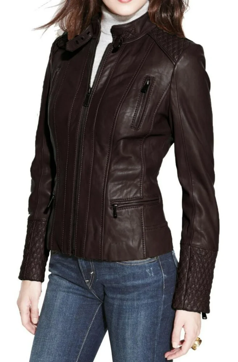 Women Lambskin Leather Jacket with Biker Slim Fit Green Coat Genuine Leather Jacket