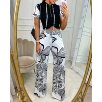 casual suit 2022 summer new short sleeved hooded t shirt printed high waisted wide leg pants two piece set