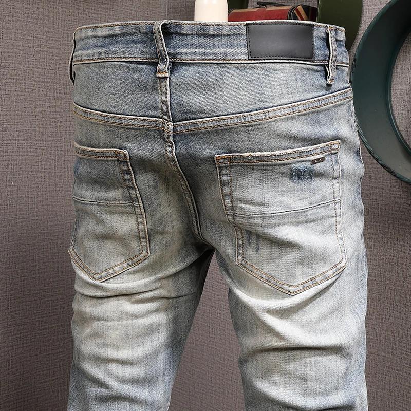 Streetwear Fashion Men Jeans Retro Blue Stretch Elastic Slim Fit Hole Ripped Jeans Men Patch Designer Hip Hop Brand Pants Hombre