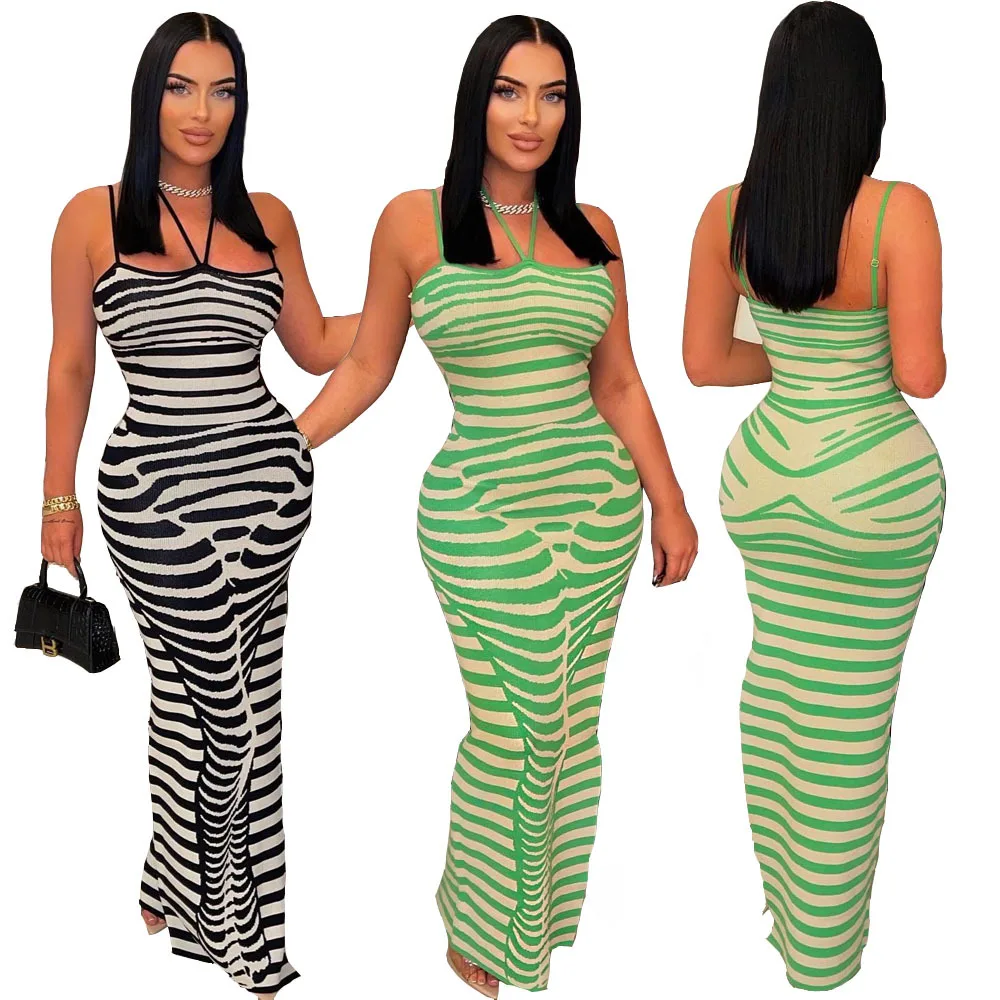 

Elegant Striped Maxi Dresses For Women Halter Summer Beach Long Dress Adjustable Shoulder Strap Casual Outfits Streetwear Skirt