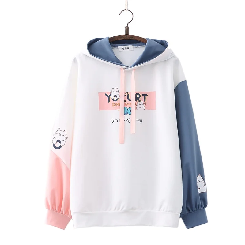 

Хлопковый Женский пуловер с капюшоном, толстовки с мультяшным принтом в стиле Харадзюку, свитшот с капюшоном на шнуровке, корейский женский...