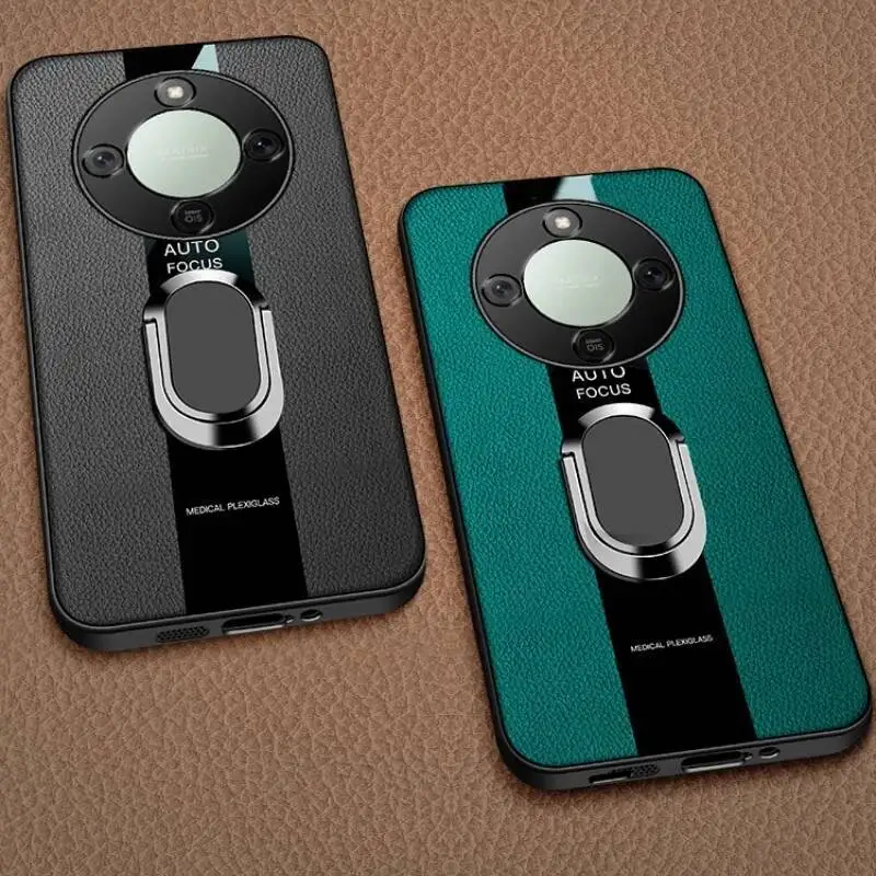 Фото Чехол для телефона Honor X9D из плексигласа, искусственная кожа, магнитный металлический держатель-подставка с кольцом, противоударная мягкая задняя крышка №1