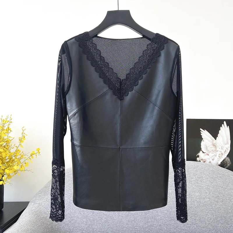 Spring Europe Style Women's Designer High Quality Sheepskin Genuine Leather Patchwork Lave V-neck Shirt Tops C153