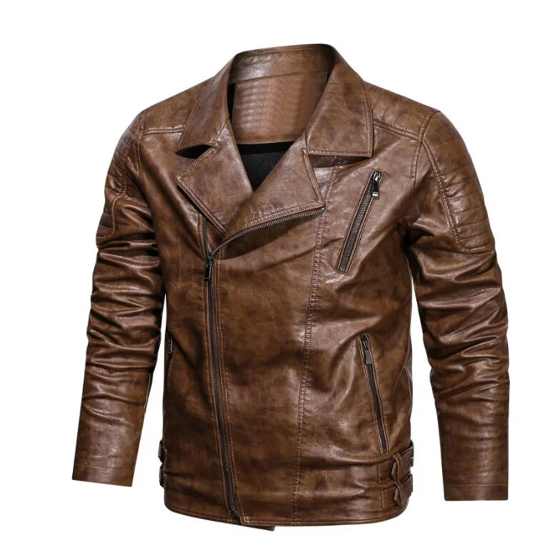 Men's leather jacket autumn winter  velvet large lapel washed PU motorcycle coats man spring autumn black brown zipper