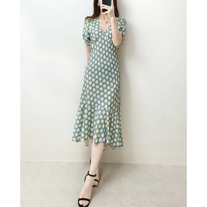 

V Neck Puff Sleeves Midi Irregular Length Dress Summer New Collections US 2-8
