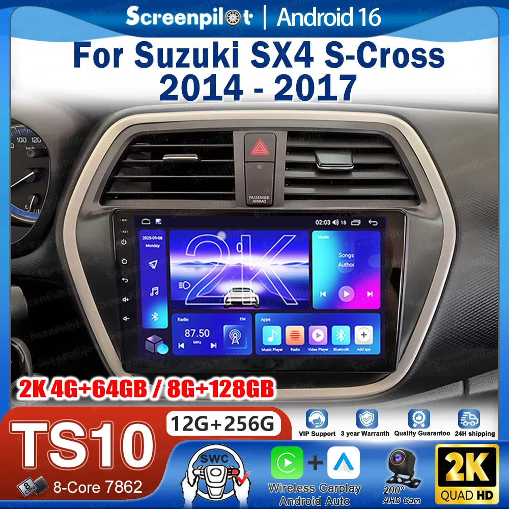 Фото Автомагнитола Android 16 для Suzuki SX4 S-Cross 2014-2017, мультимедийный видеоплеер, GPS-навигация, QLED сенсорный экран №1