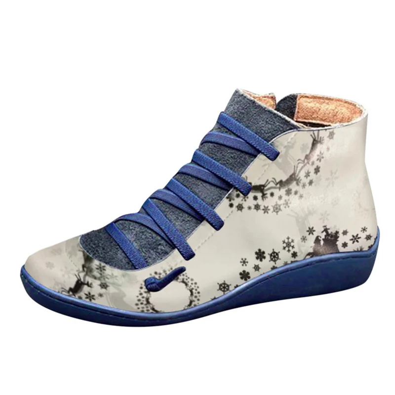 2023 Retro Women Christmas Printing Comfortable Flat Zipper Short Booties Round Toe Shoes Fashionable Design High Quality Boots