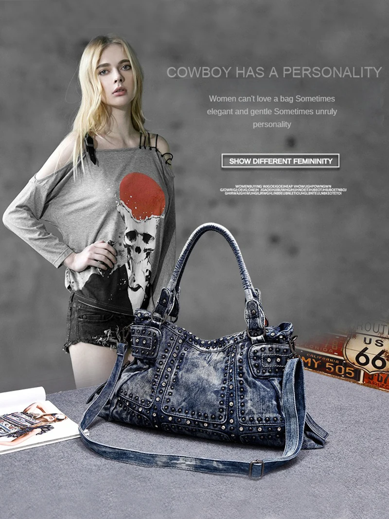 High-Quality Women's Motorcycle Tote Cowboy Riveted Crossbody Bag Multi-Pocket Canvas Bag New Large Tote Bag
