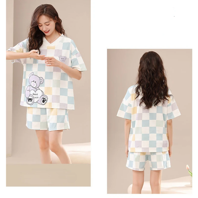 Pajamas for Women Summer Thin Cool Pure Cotton Grid Short-sleeved Cropped Pants Breathable and Soft Sleepwear Casual Home Suit