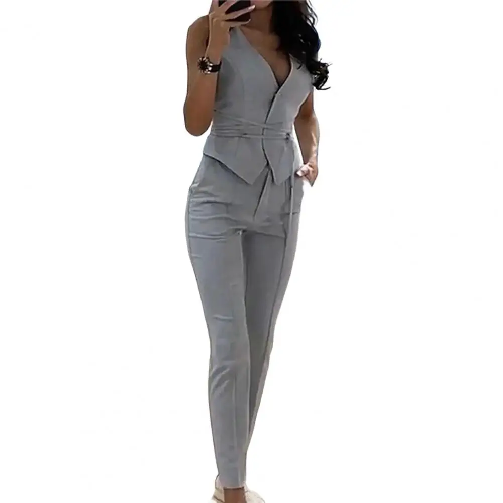 

2Pcs/Set Women Waistcoat Pants Set Tie Waist OL Style Sleeveless Slim Fit Commute Office Lady Women Summer Outfit Female Clothes