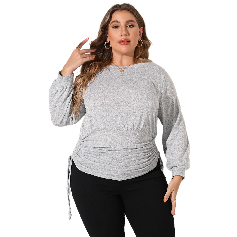 

2022 Brand New Women Plus Size Solid Ruched Drawstring T Shirt Casual Long Sleeve Tee Pullover Comfortable Skin Touch