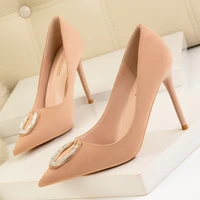 elegant rhinestone flock shallow women pumps new spring autumn crystal buckle woman thin high heels party pointy toe dress shoes