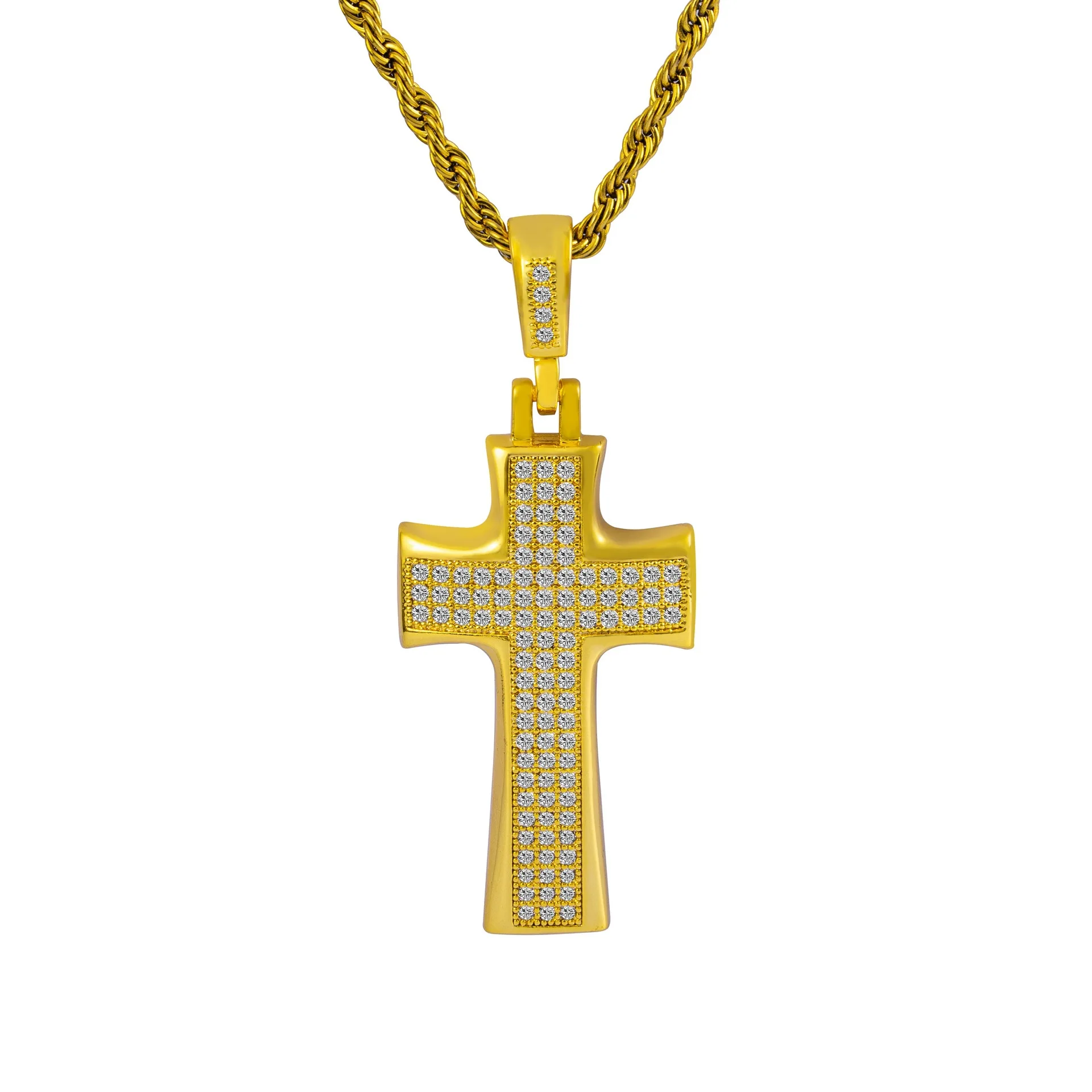 

New Hot Selling Stereo Relief Cross Pendant Hip Hop Rap Micro Pave CZ Religious Ornament with 3MM 24inches Rope Chain