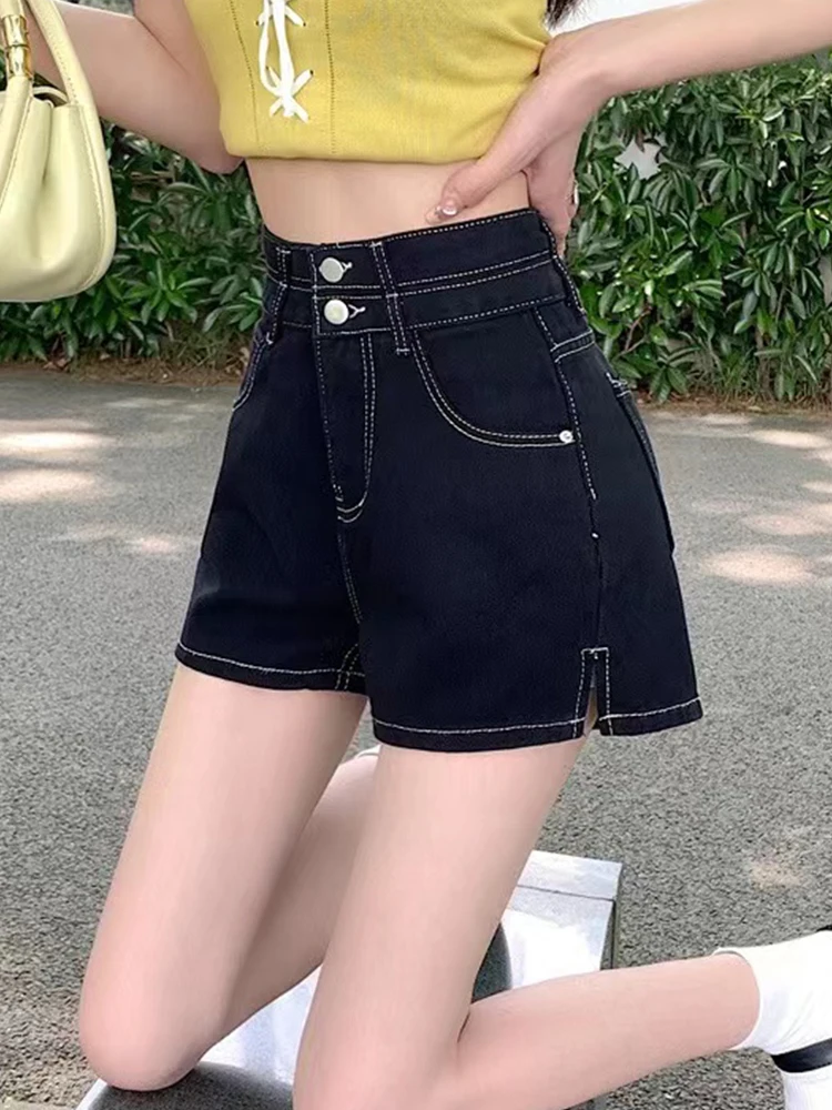 Streetwear Women High Waist Loose Black Denim Shorts Spring Summer Female Button Wide Leg Jeans Shorts Bottoms