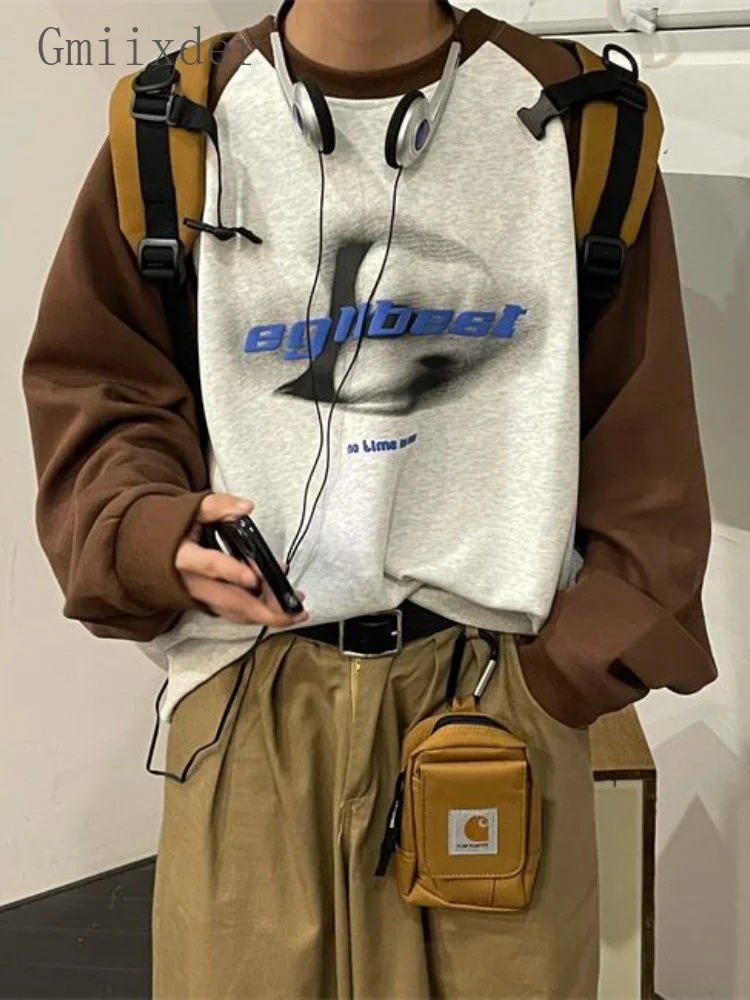 

Рубашка Gmiixder в американском уличном стиле с надписью, свободная винтажная толстовка с круглым вырезом, весенне-осенняя футболка унисекс с длинным рукавом реглан