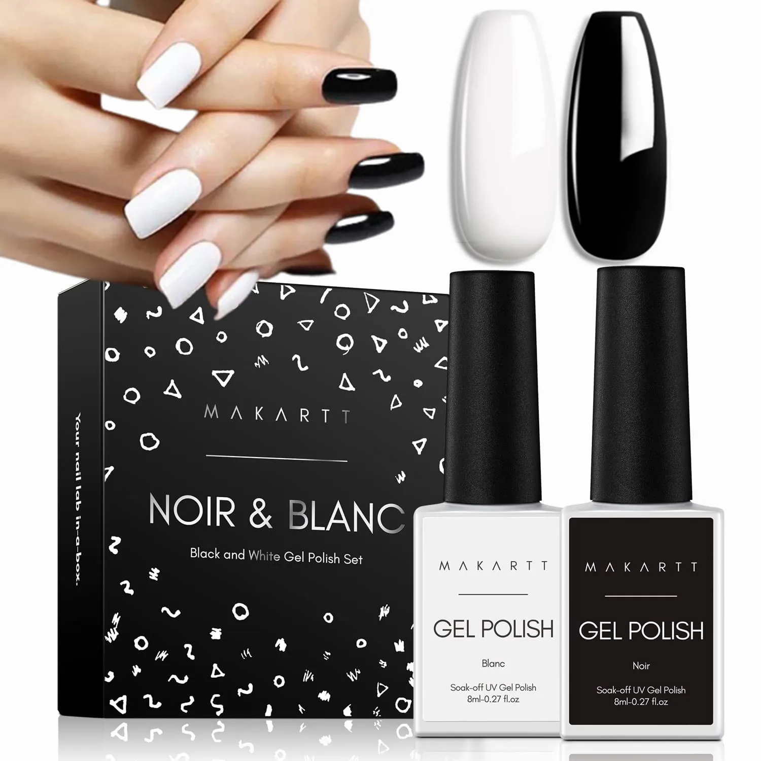 Makartt Black White Nail Gel Polish Kit, 2 Pcs Holographic Gel Polish Noir & Blanc Set Soak Off LED Nail Gel Polish Nail
