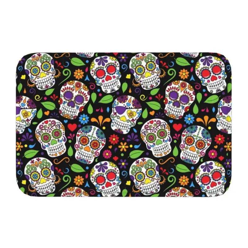 

Personalized Colorful Sugar Skull Flower Black Pattern Doormat Mat Anti-Slip Mexican Day Of The Dead Kitchen Garage Rug Carpet