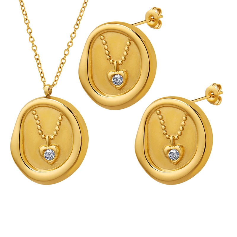 

Gold Round Plate Pendant Necklace Earrings For Women Vintage Jewelry Set 316L Stainless Steel Hypoallergenic Waterproof