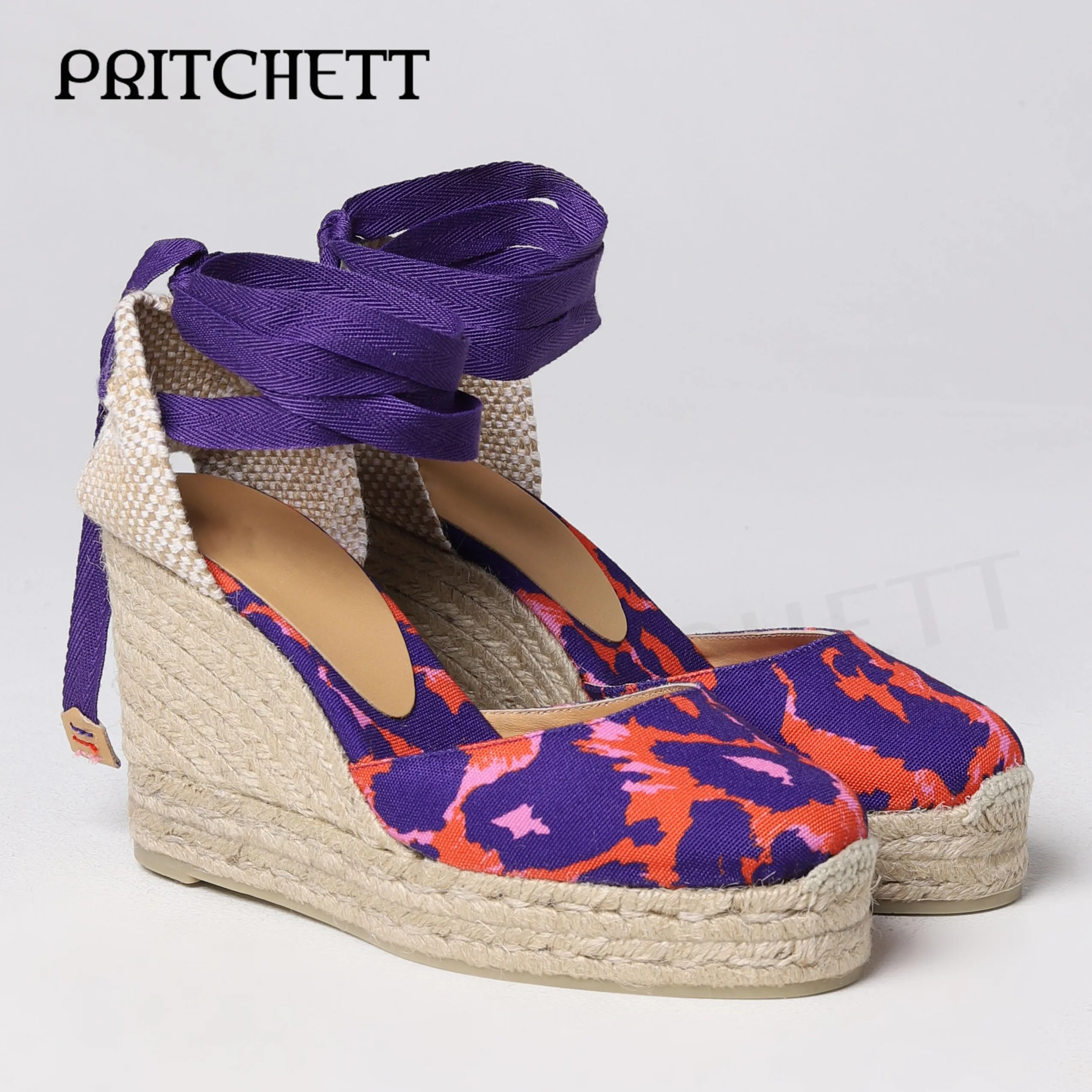 Braided Wedge Color Printed Sandals Open Toe Round Toe Platform High Heel Sandals Calf Cross Strap Fashion Ladies Sandals