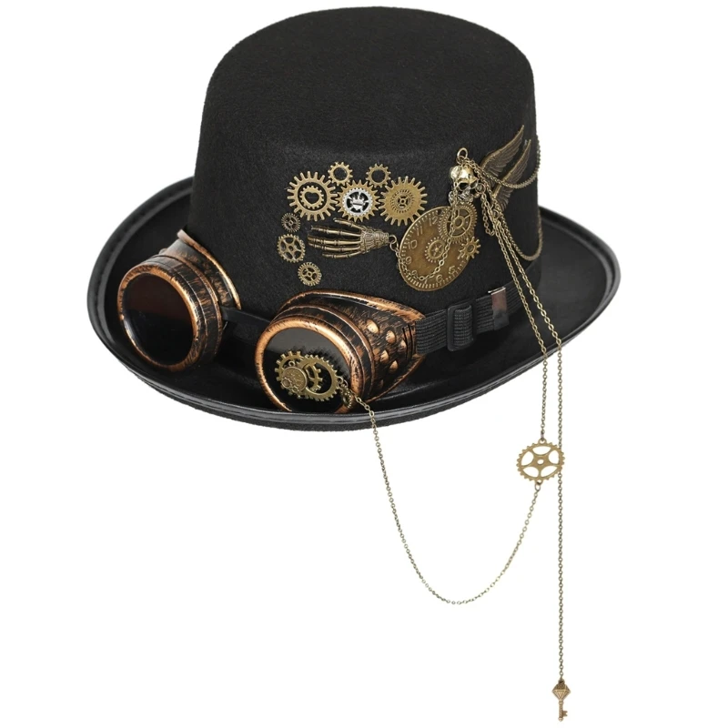 

E9LC Steampunk Top Hat For Men With Goggles Gothic Halloween Gay Top Hat Jazz Hat