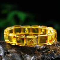 natural yellow piebald amber gemstone bracelet clear rectangle beads women healing stretch 139mm bangle aaaaa