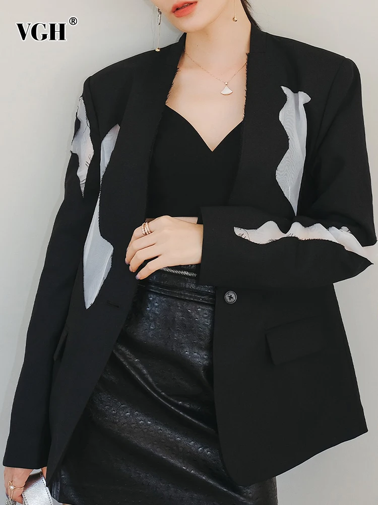 

Женский блейзер с отложным воротником VGH, повседневный свободный прозрачный сетчатый блейзер в стиле пэчворк с длинным рукавом, Модная стил...