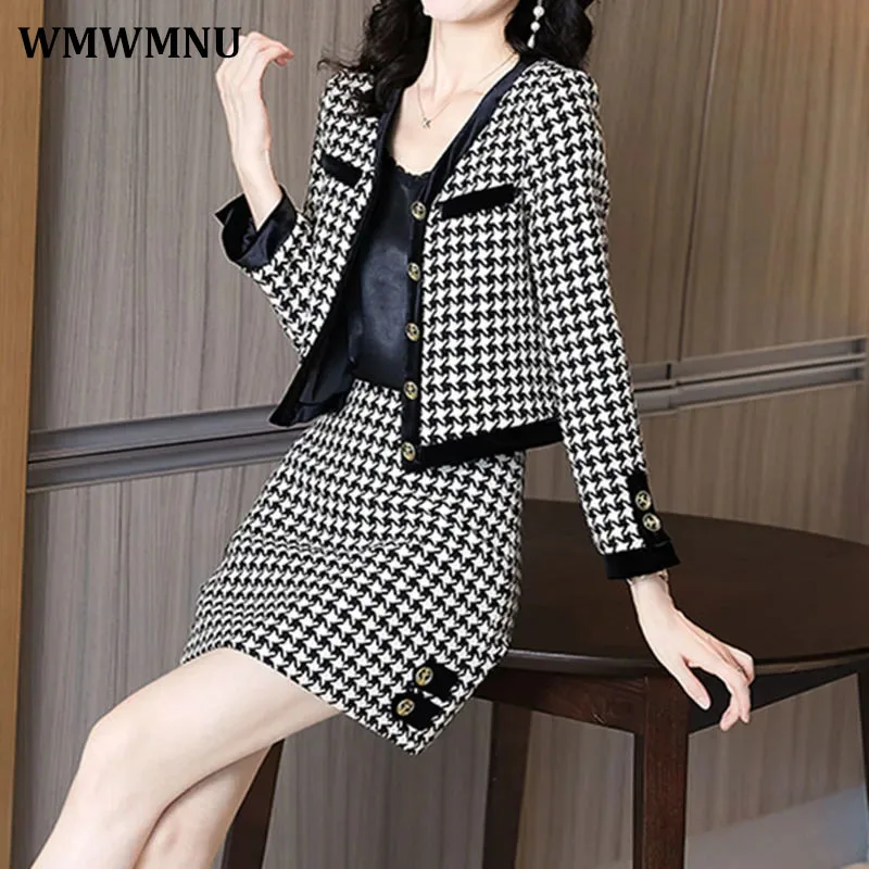 

Vintage Houndstooth Knitted Skirt Suit Elegant V Neck Knit Cardigan And Mini a-Line Skirts Korean Plaid 2 Piece Set Women Outfit