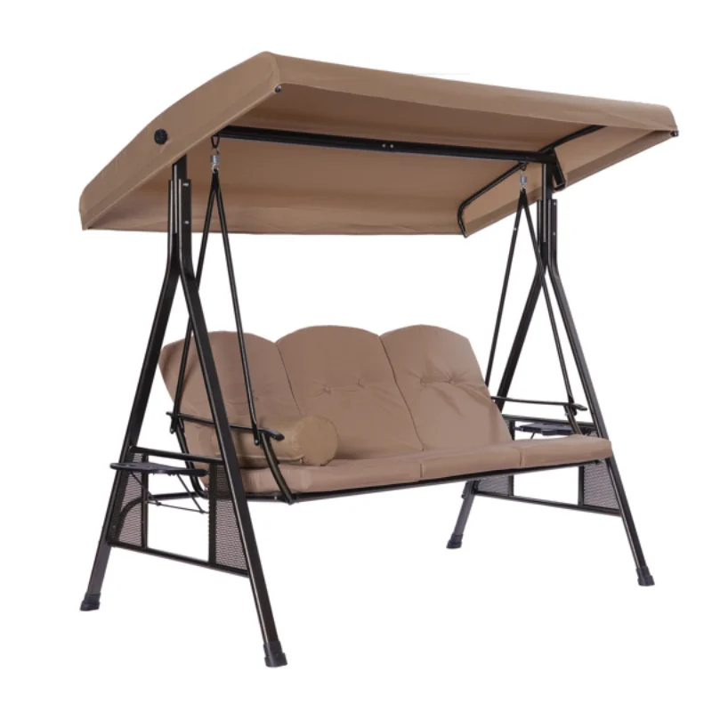 

3 Persons Luxury Outdoor Porch Swing Chair with Cup Holders\ Cushions\ Pillows\ Canopy Adjustable[US Stock]