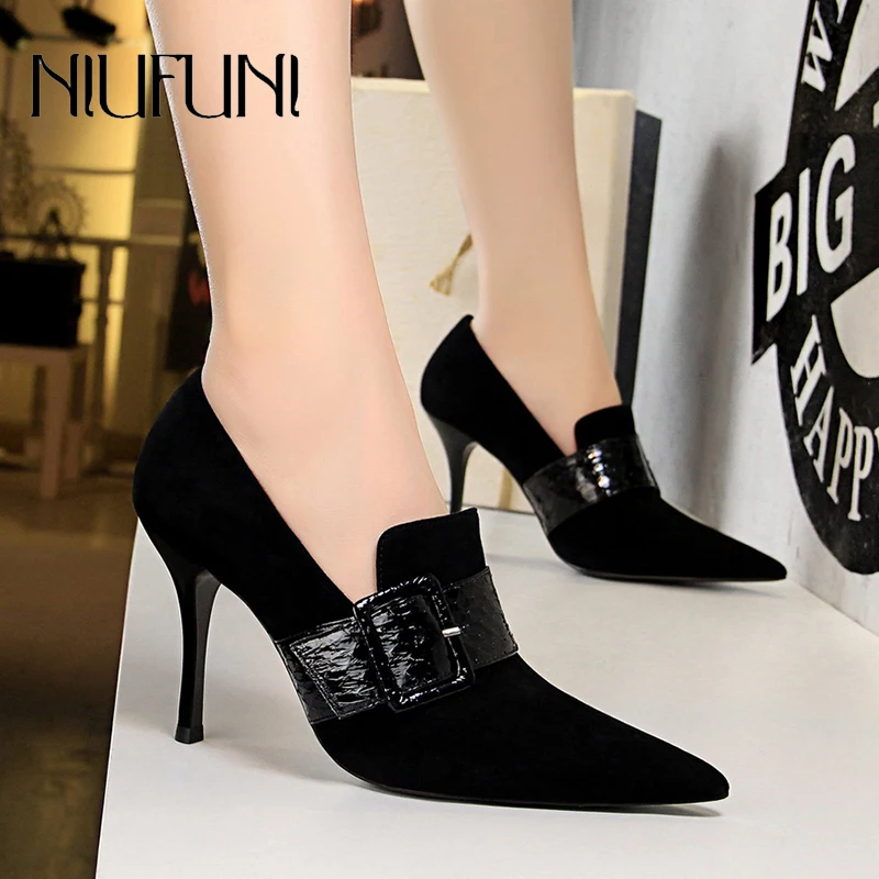 

NIUFUNI Pointed Belt Buckle Suede Women's Shoes Stiletto High Heels Solid Color Slip On Summer Simple Women's Pumps Size 34-40