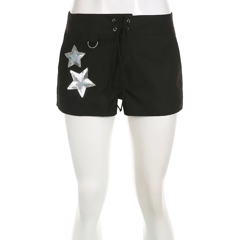 SUCHCUTE Gothic Y2K Star Patchwork Cargo Shorts Women Harajuku Low Waist Denim Short Streetwear Dark Academia Bottoms Summer 90S