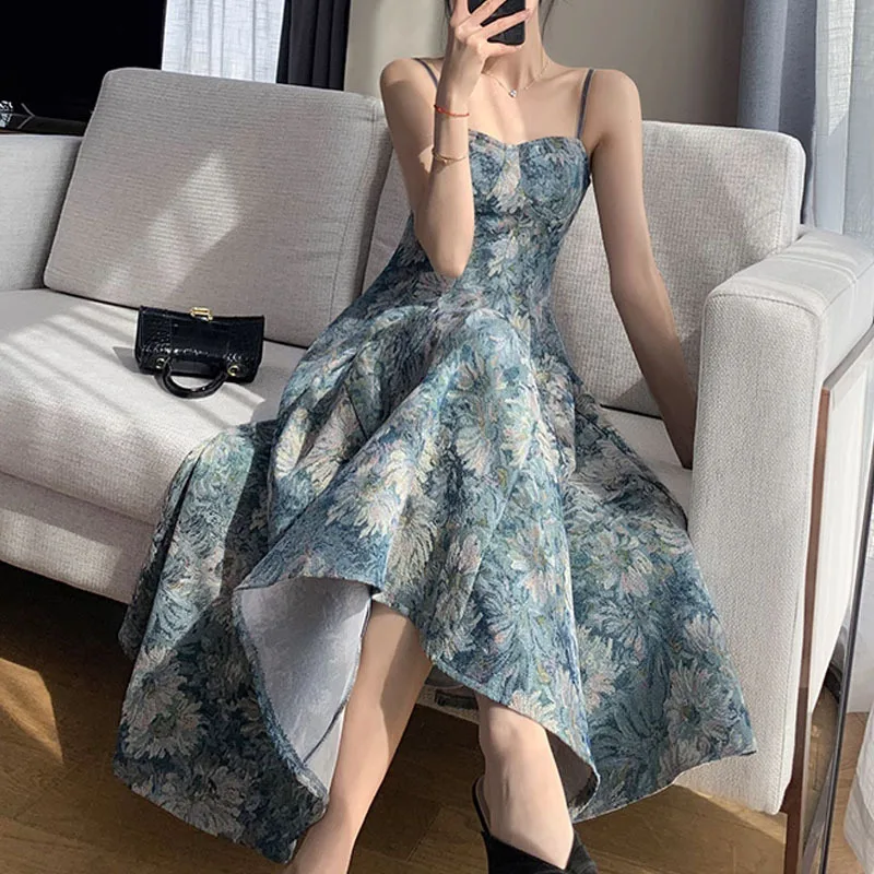 

Free Shipping Floral Sling Dress Women's 2023 Summer New French Style Slimming Seaside Holiday Long Dress/S-XL