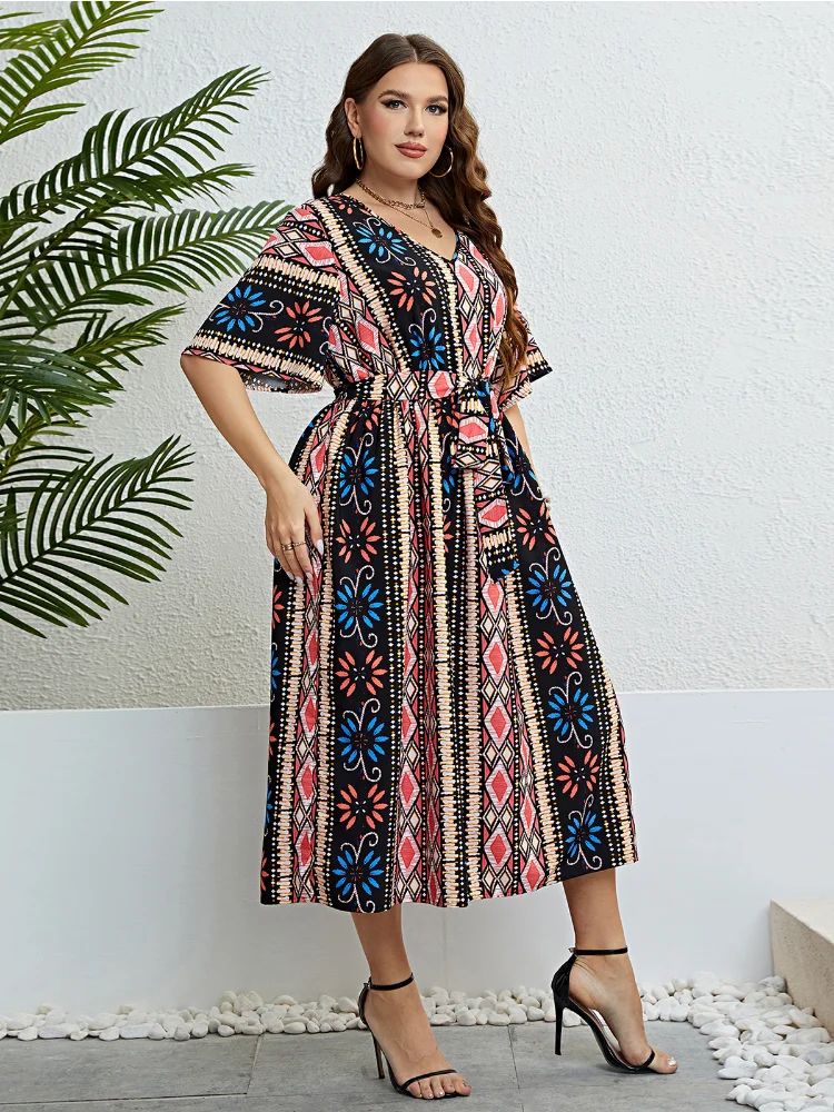Summer V-neck printed bandage waist dress plus size dresses  vestido feminino vestito plus size outfits