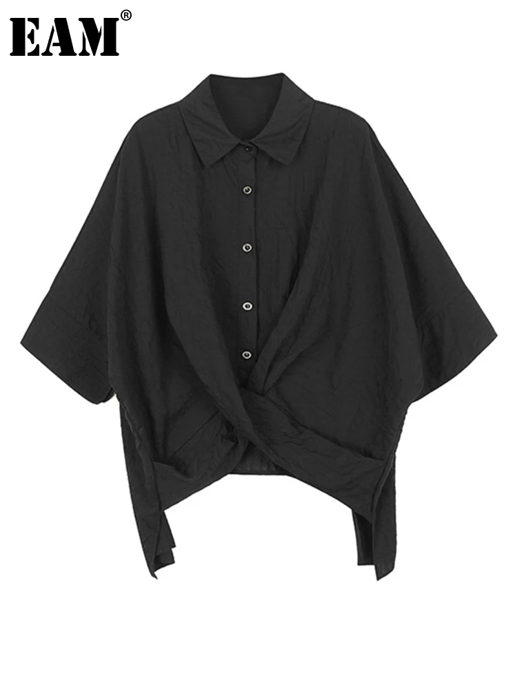 

[EAM] Women White Pleated Irregular Big Size Blouse New Lapel Half Sleeve Loose Fit Shirt Fashion Spring Summer 2023 1DF7574