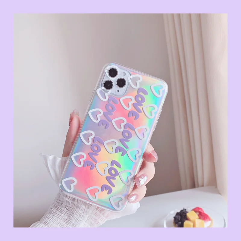 

Love Heart Phone Case For Iphone 13 12 11 Mini Pro Max Rainbow Laser Tpu Back Cover For Iphone 13 12 11 X XR XS Pro Max Case