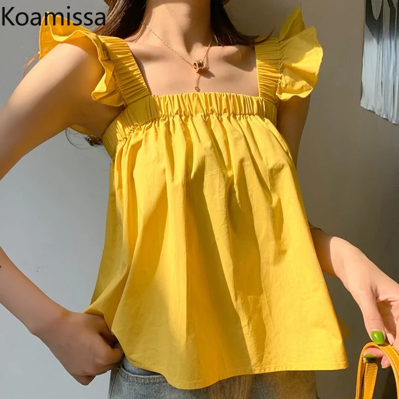 

Koamissa Sexy Women Tank Tops Solid Sleeveless Ruched Fashion Camisole Loose Lady Outwear Camis All Metch Chic Cropped Tops 2022